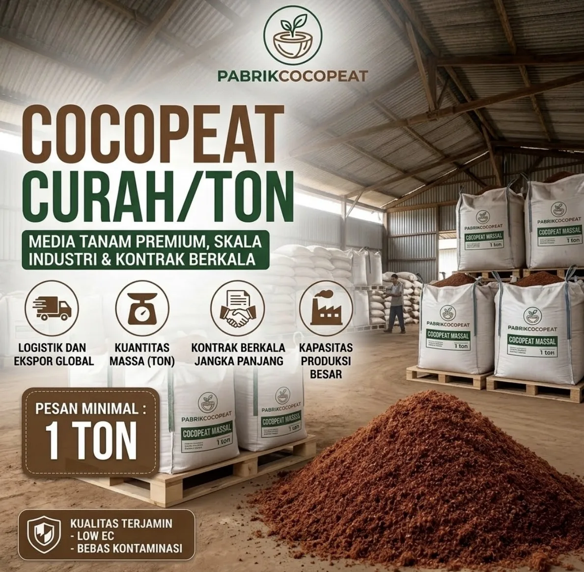 Stok cocopeat curah/ton siap kirim Pabrik Cocopeat