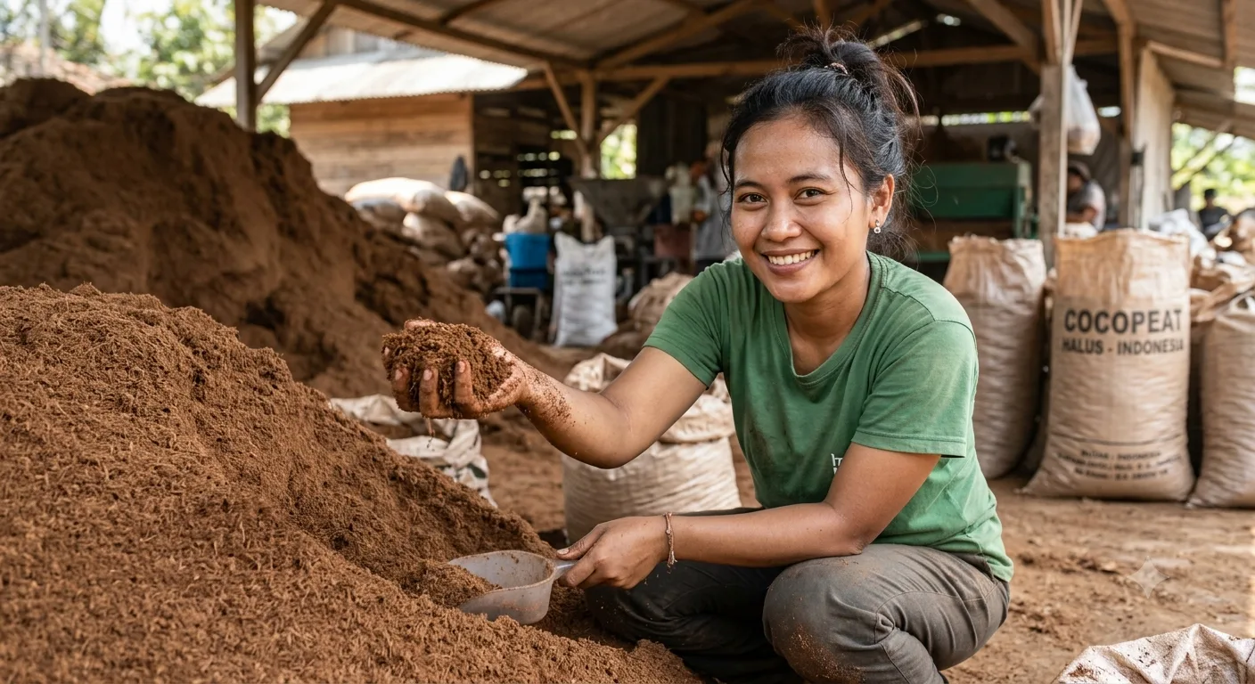 Cocopeat halus siap pakai di gudang Pabrik Cocopeat
